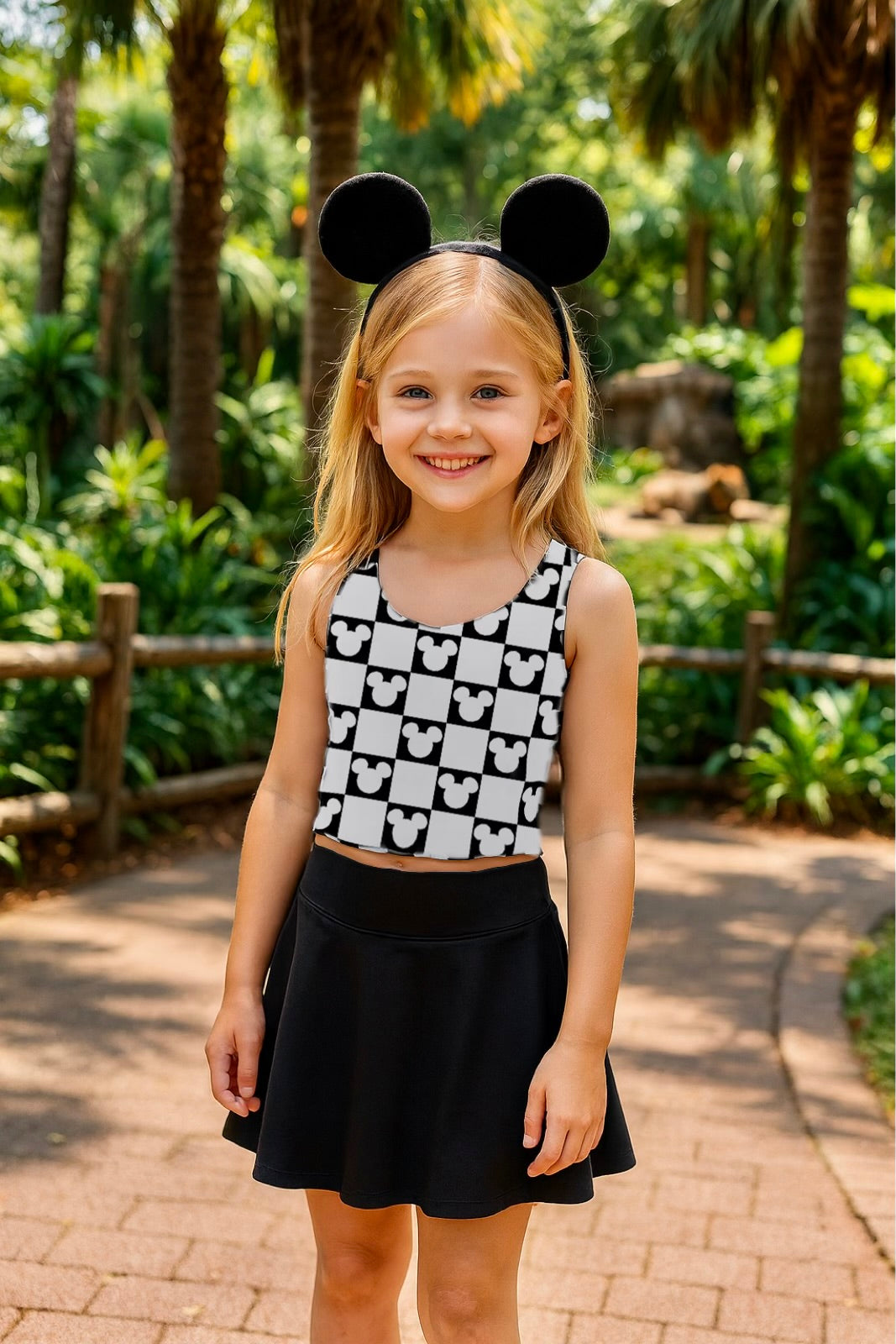 Girls Mouse Checkered Performance Seamless Tank + Skirt Set