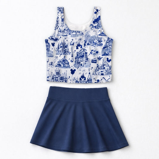 Girls Theme Park Toile Performance Seamless Tank + Skirt Set