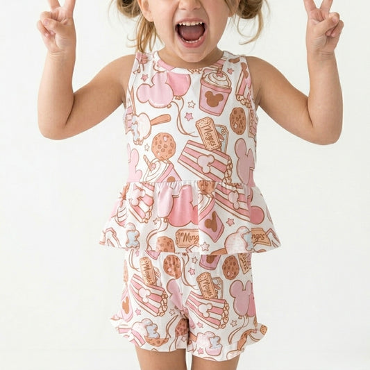 Kids Handcrafted Pink Park Treats Peplum Tank & Optional Bottoms