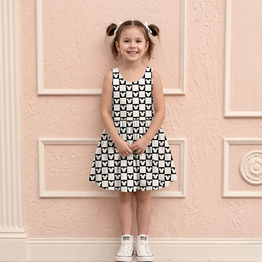 Kids Handcrafted Monochrome Mouse Checks Twirl Dress