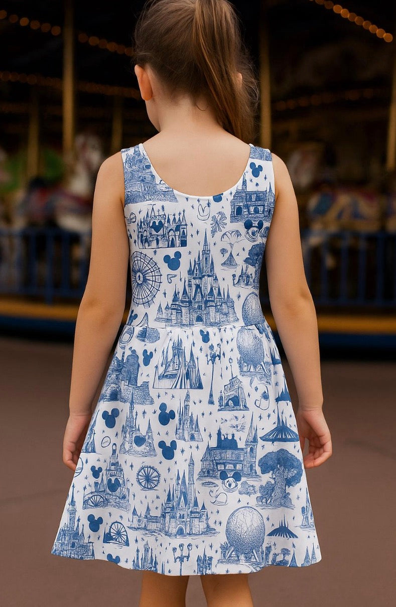 Kids Handcrafted Theme Park Toile Twirl Dress