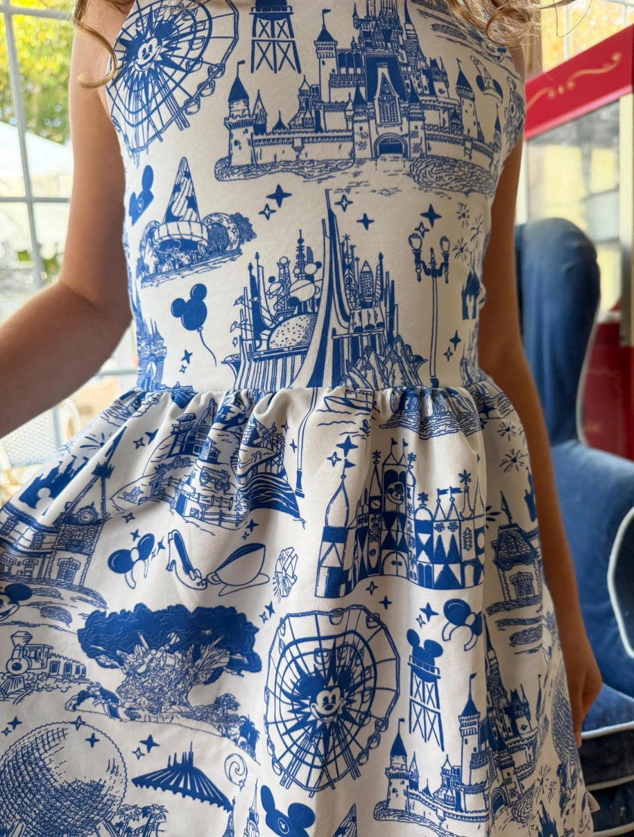 Kids Handcrafted Theme Park Toile Twirl Dress