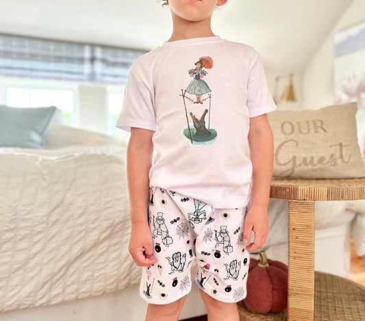 Kids Spooky Mansion Stretching Lady Graphic Tee & Optional Bottoms