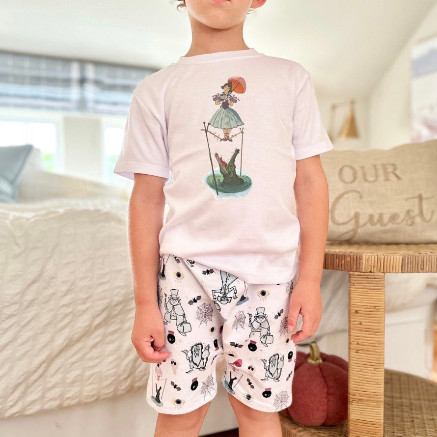 Kids Spooky Mansion Stretching Lady Graphic Tee & Optional Bottoms