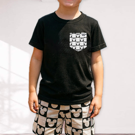 Kids Mouse Checkered Pocket Tee Family Graphic Tee | Black