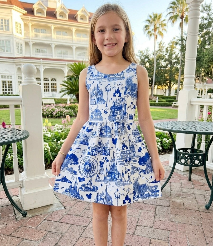 Kids Handcrafted Theme Park Toile Twirl Dress