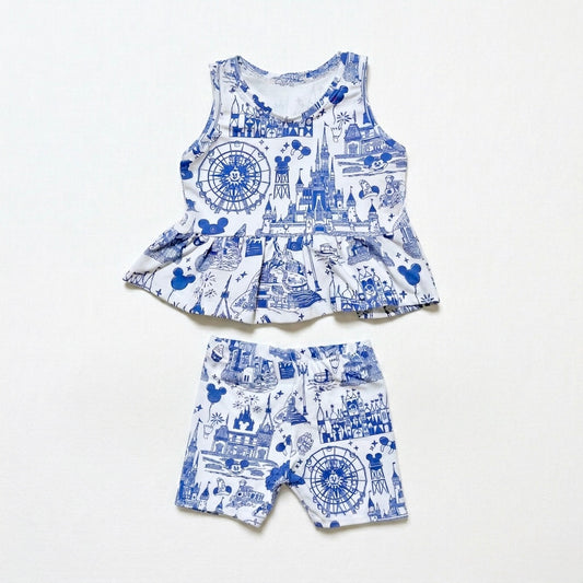 Kids Handcrafted Park Toile Peplum Tank & Optional Bottoms