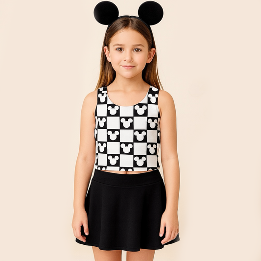 Girls Mouse Checkered Performance Seamless Tank + Skirt Set