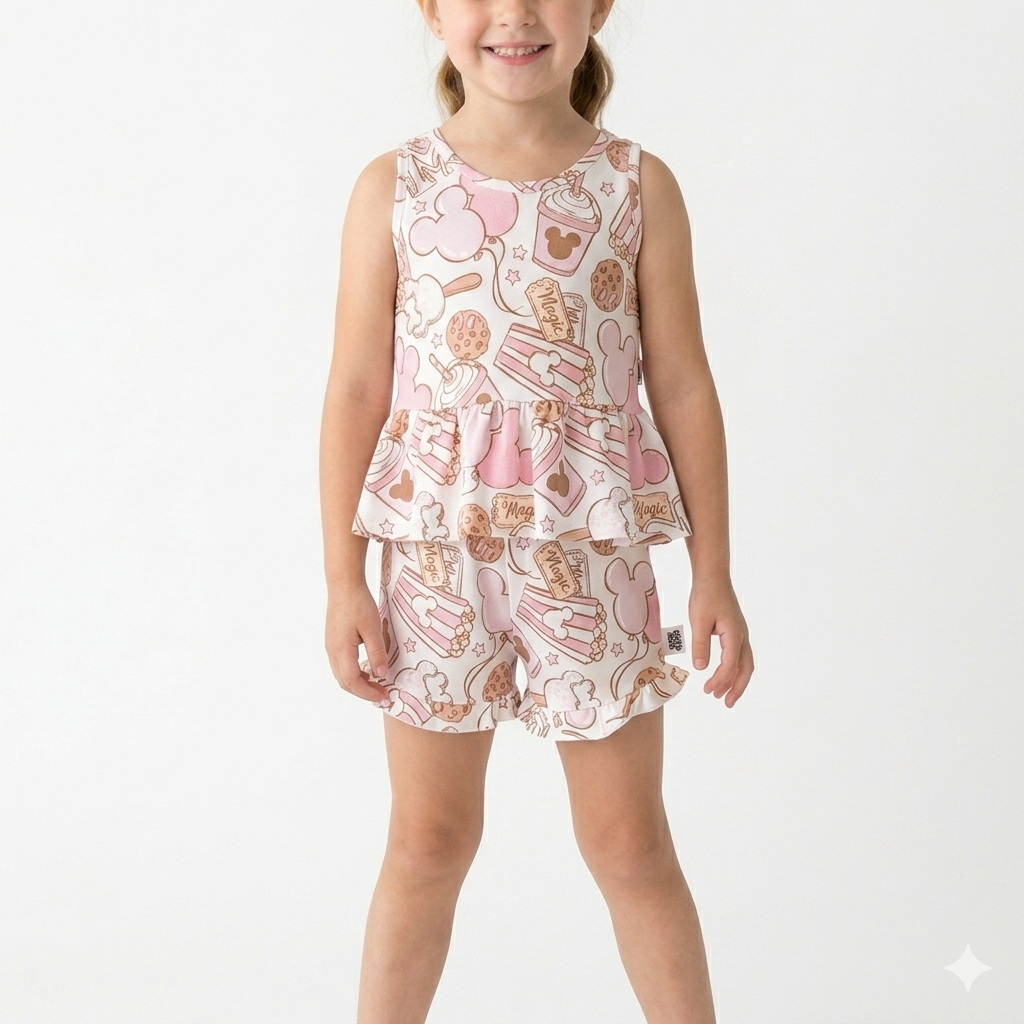 Kids Handcrafted Pink Park Treats Peplum Tank & Optional Bottoms