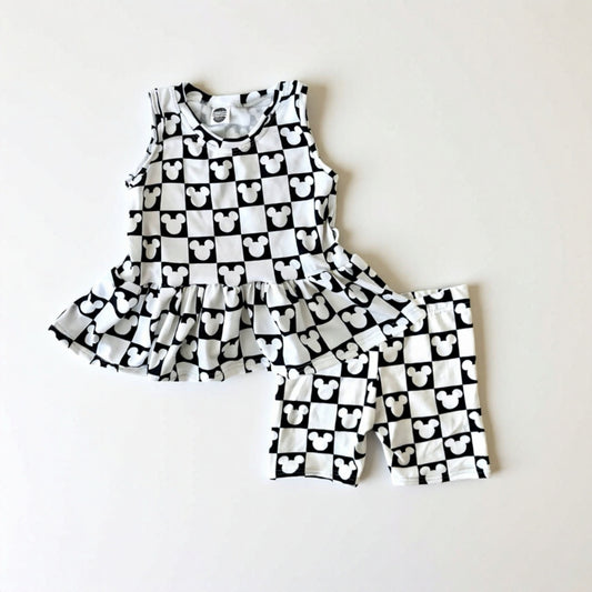 Kids Handcrafted Monochrome Mouse Checks Flutter Tank & Optional Bottoms