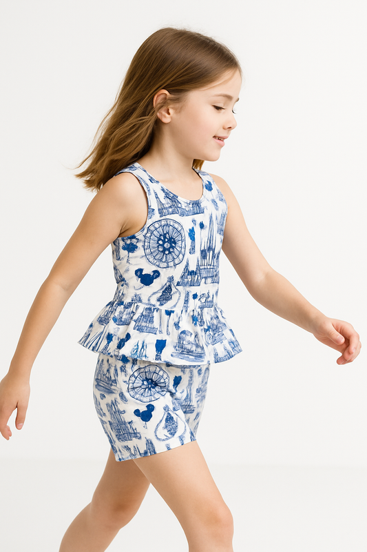 Kids Handcrafted Park Toile Flutter Tank & Optional Bottoms