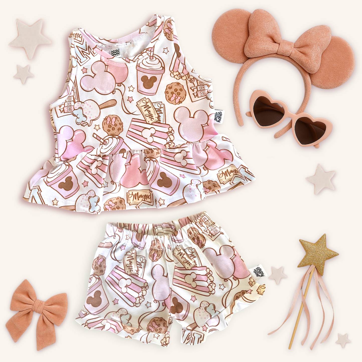 Kids Handcrafted Pink Park Treats Ruffle Tank & Optional Bottoms