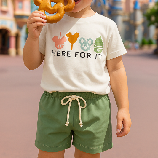 Kids “Here for the Snack” Graphic Tee & Optional Bottoms | Pastel Tones