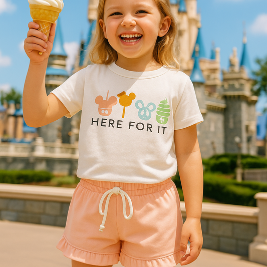 Kids “Here for the Snack” Graphic Tee & Optional Bottoms | Pastel Tones