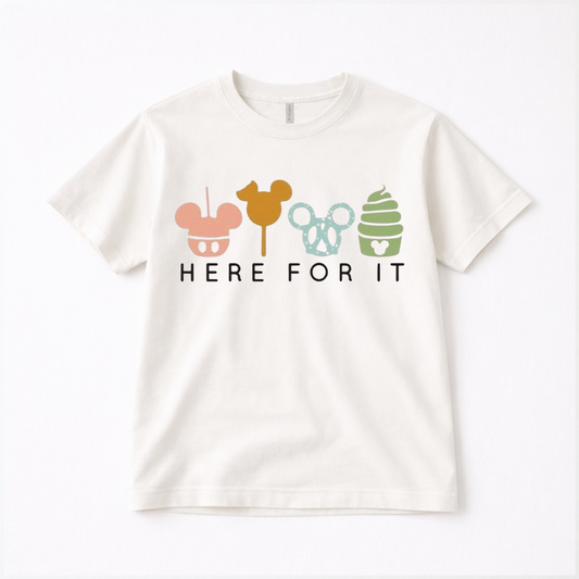"Here for it" Theme Park Snacks Adult Graphic Tee | Pastel Tones