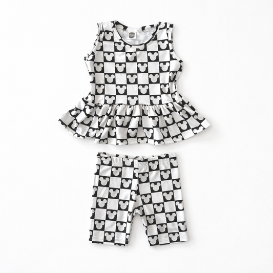 Kids Handcrafted Monochrome Mouse Checks Peplum Tank & Optional Bottoms