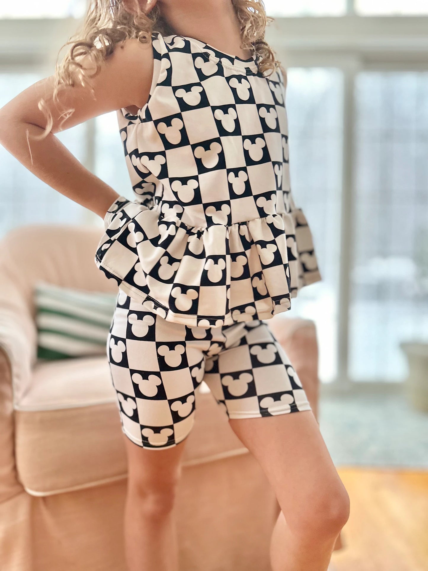 Kids Handcrafted Monochrome Mouse Checks Flutter Tank & Optional Bottoms