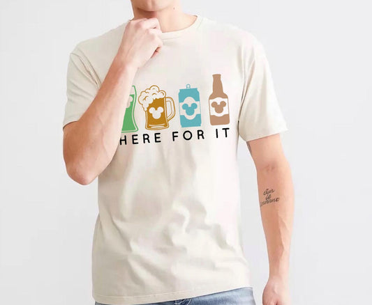 Adult "Here for it" Theme Park Drinks Graphic Tee