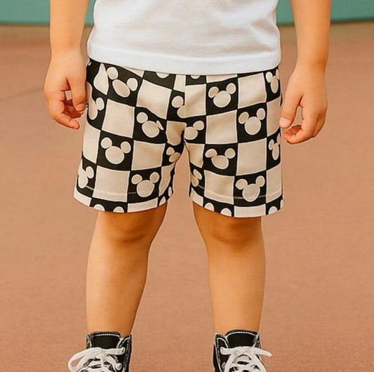 Kids Handcrafted Monochrome Mouse Checks Crew Shorts