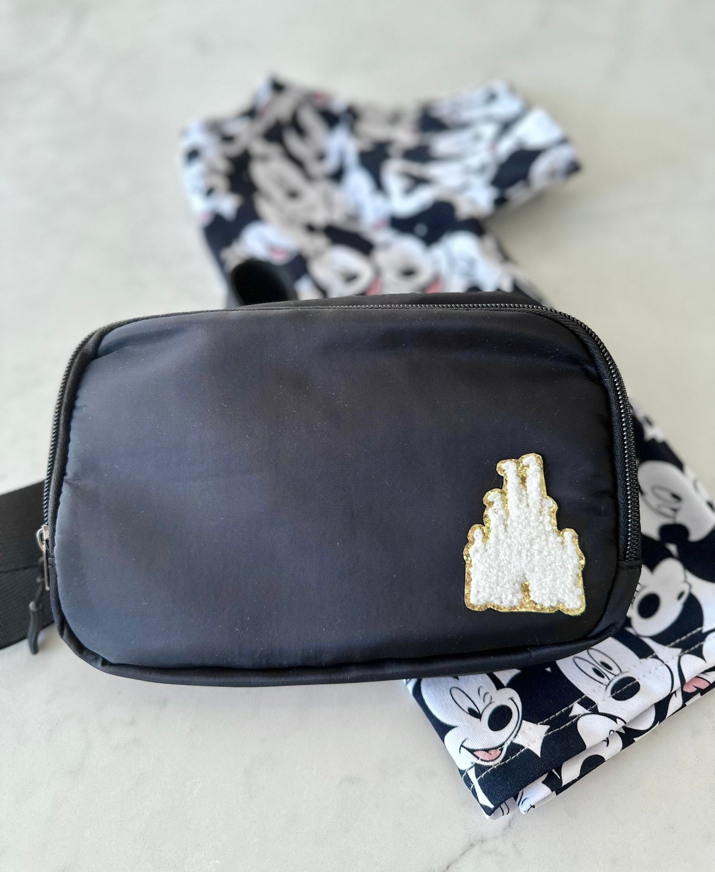 Disney Fanny Pack with Minnie bow Patch, Disney Belt Bag, Crossbody Park Bag, Travel Bag, Chenille Patches