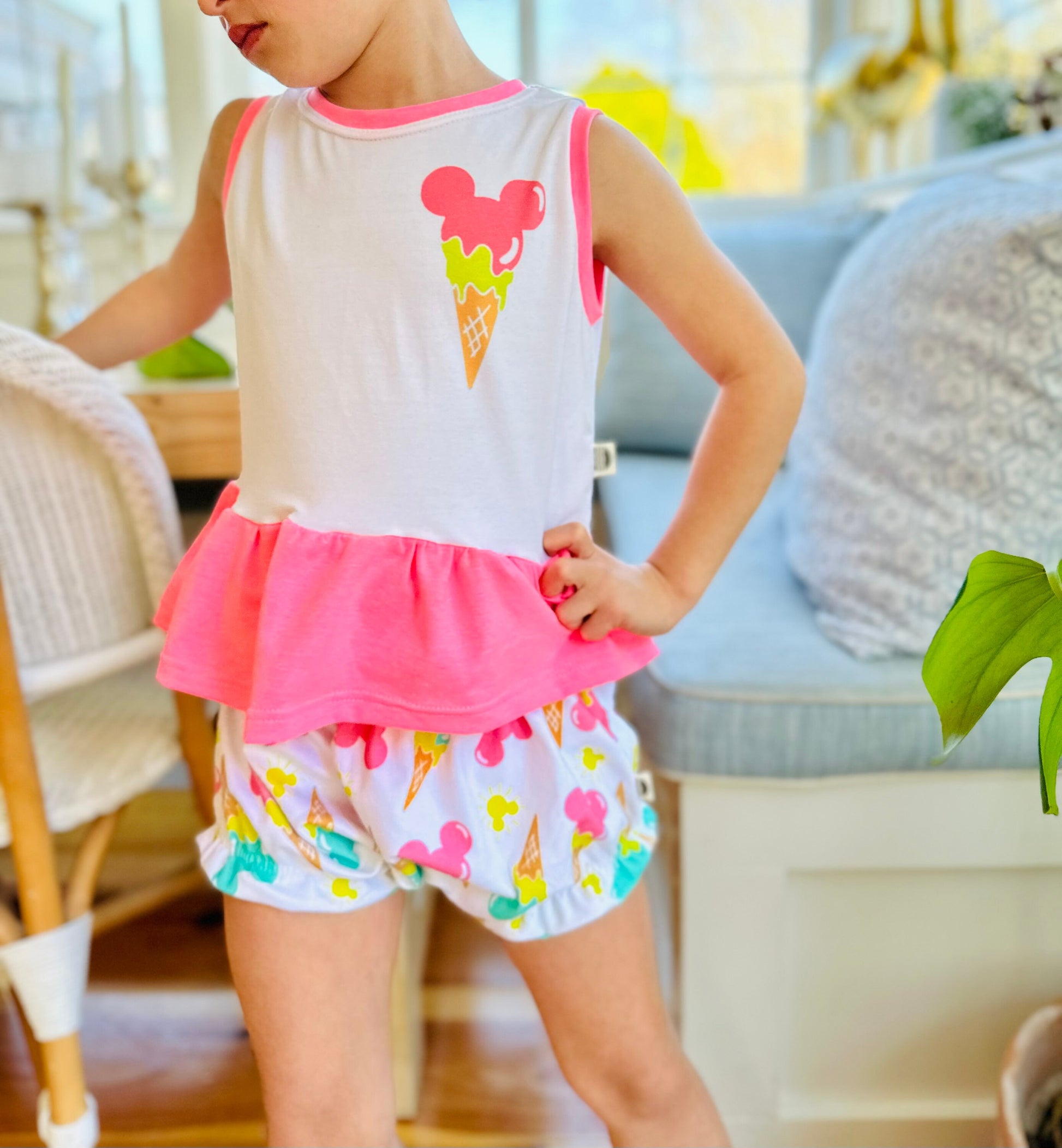 Girls Mickey Ice Cream Ruffle Shorts / Shorties for Kids, Neon Disney shorts, Retro Mickey Shorts, Girls Disney Shorts, 90’s Disney