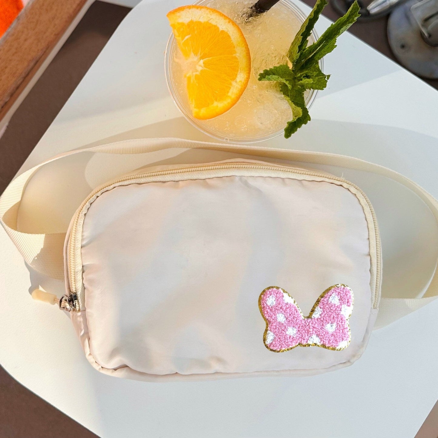 Disney Fanny Pack with Minnie bow Patch, Disney Belt Bag, Crossbody Park Bag, Travel Bag, Chenille Patches