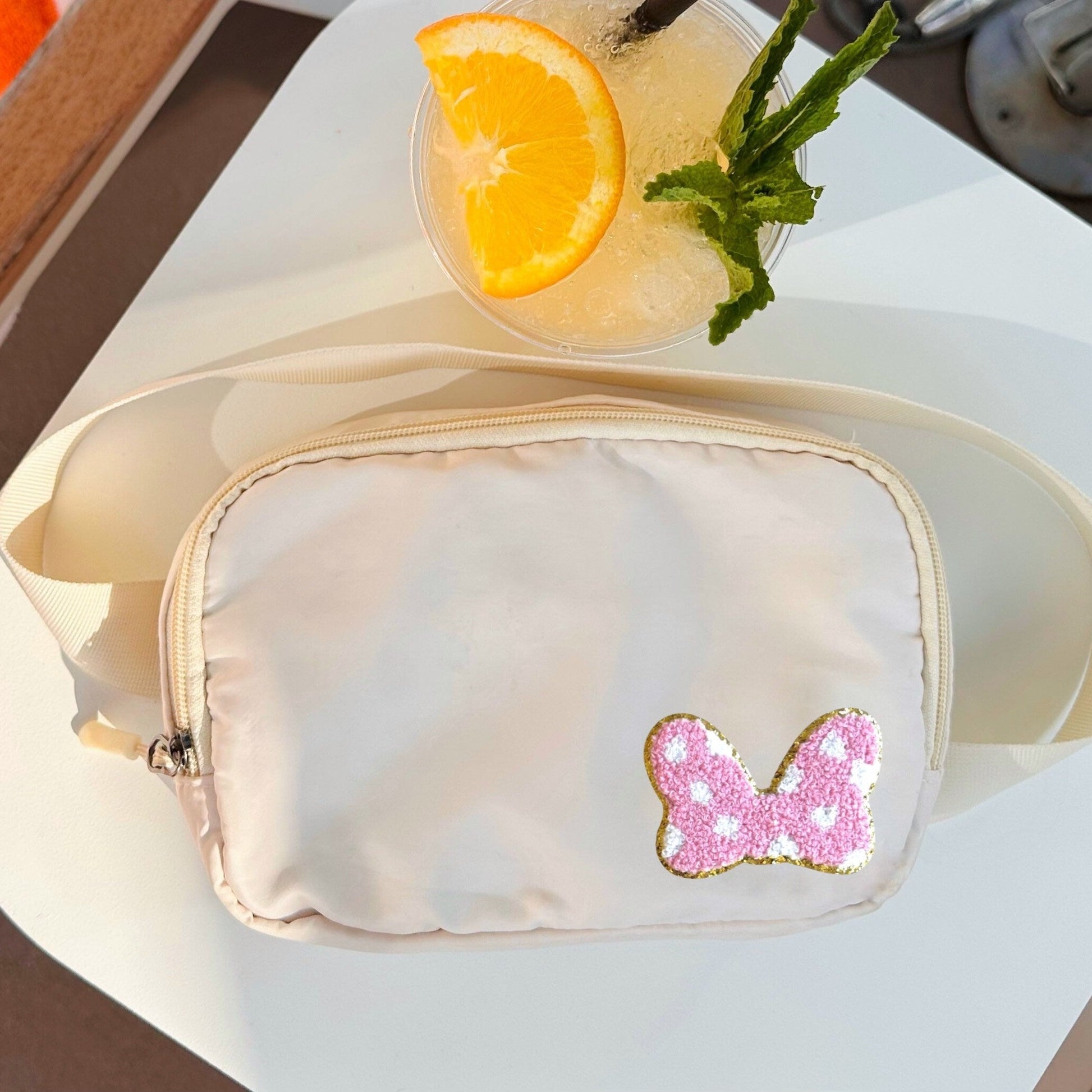 Disney Fanny Pack with Minnie bow Patch, Disney Belt Bag, Crossbody Park Bag, Travel Bag, Chenille Patches