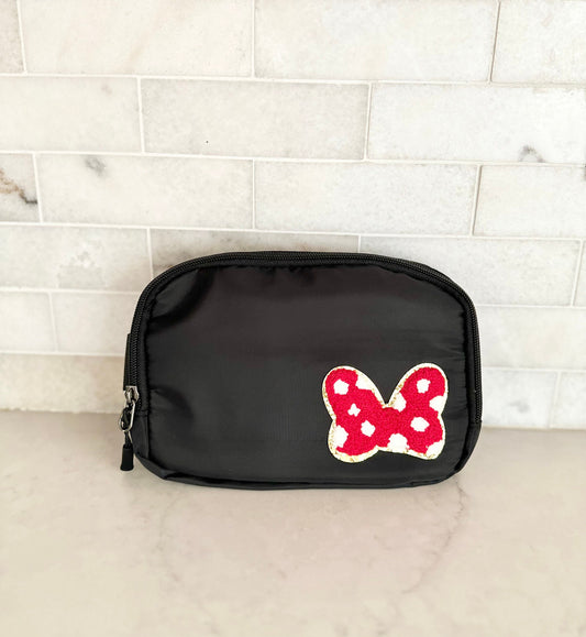 Disney Fanny Pack with Minnie bow Patch, Disney Belt Bag, Crossbody Park Bag, Travel Bag, Chenille Patches