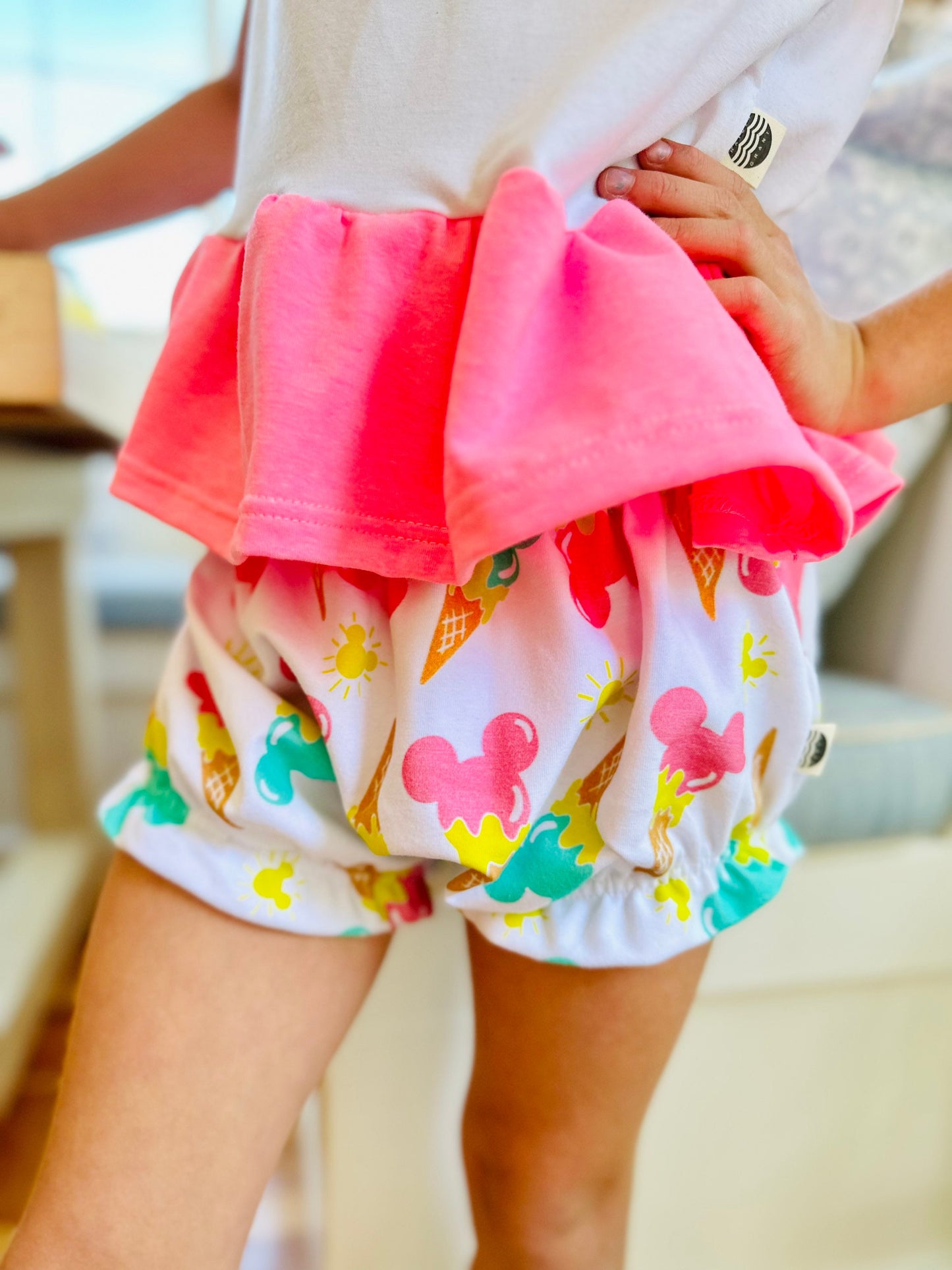 Girls Mickey Ice Cream Ruffle Shorts / Shorties for Kids, Neon Disney shorts, Retro Mickey Shorts, Girls Disney Shorts, 90’s Disney
