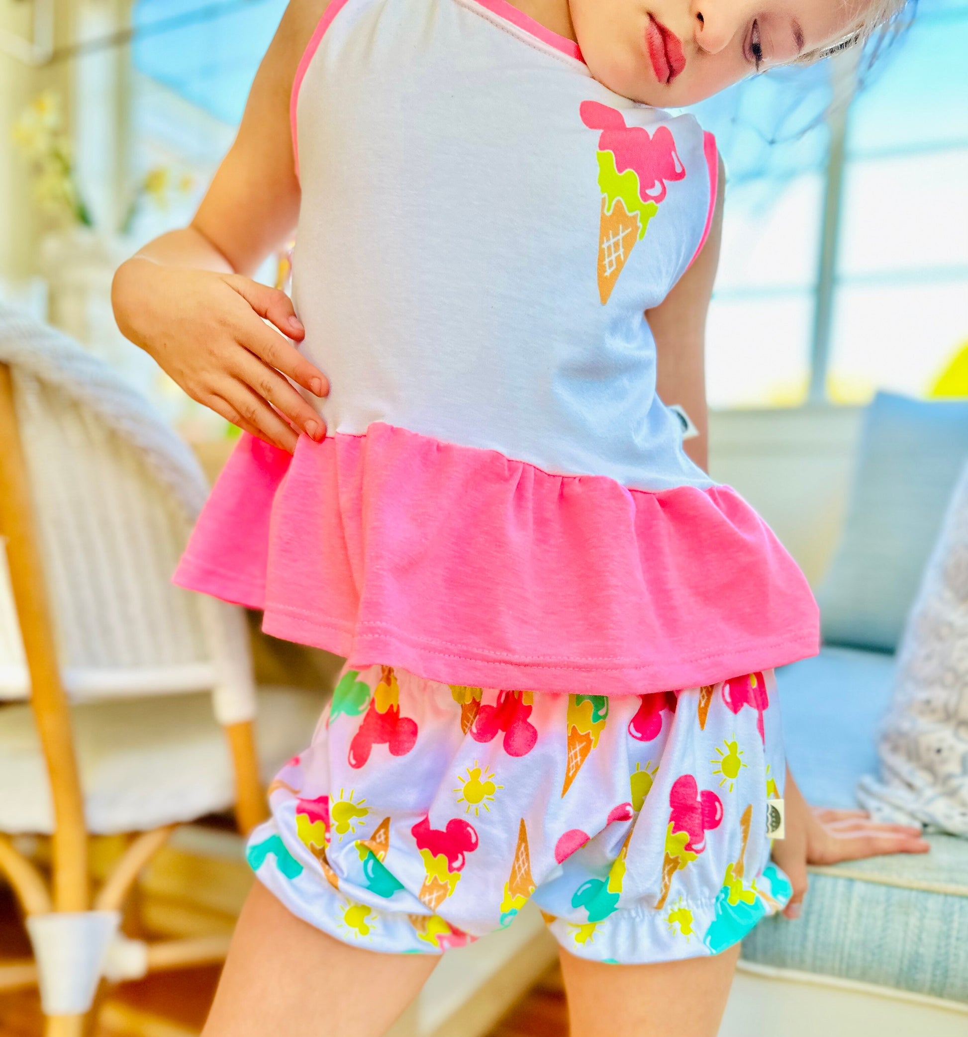 Girls Mickey Ice Cream Ruffle Shorts / Shorties for Kids, Neon Disney shorts, Retro Mickey Shorts, Girls Disney Shorts, 90’s Disney