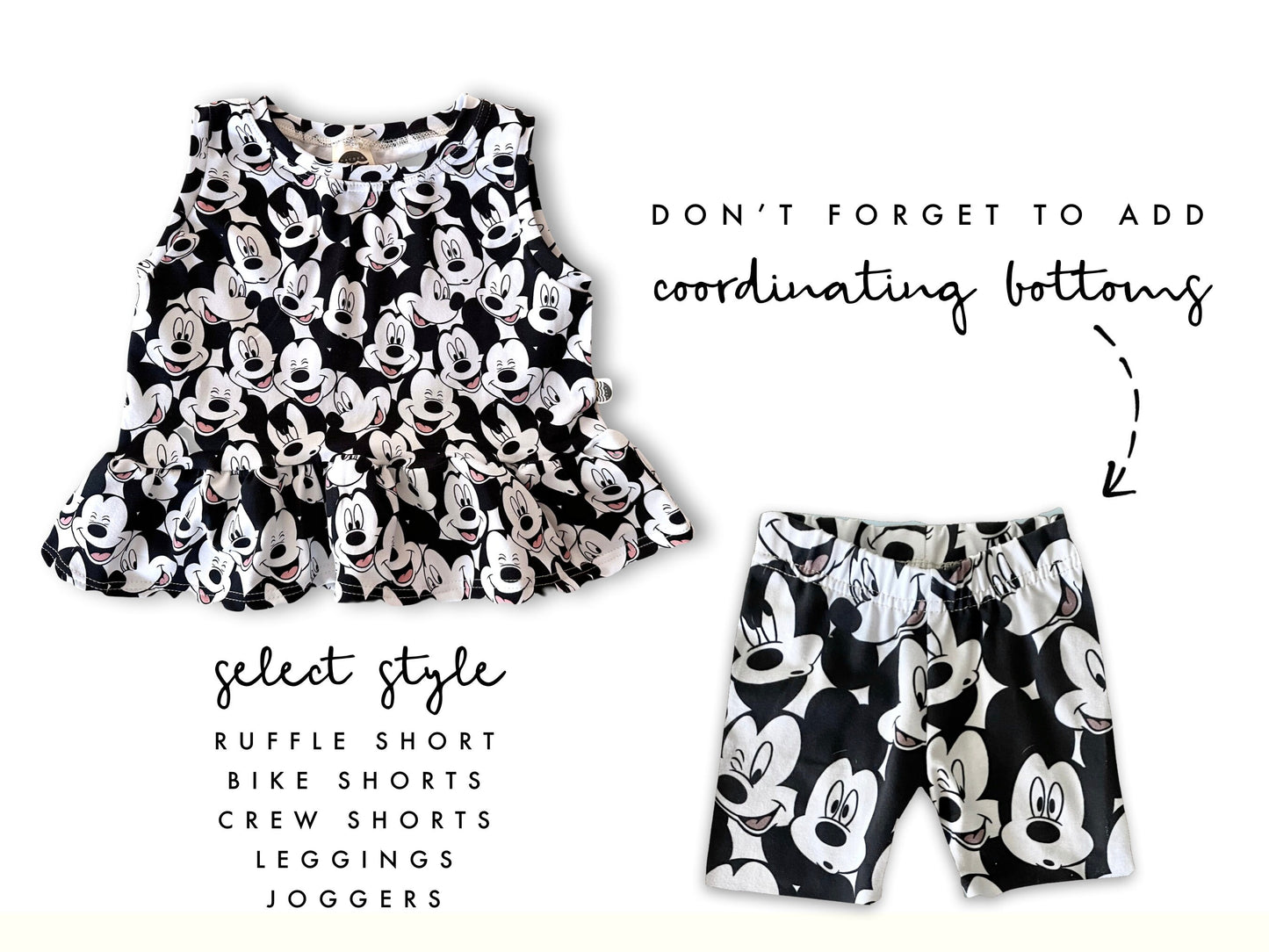 Kids Handcrafted Monochrome Mouse Ruffle Top & Optional Bottoms