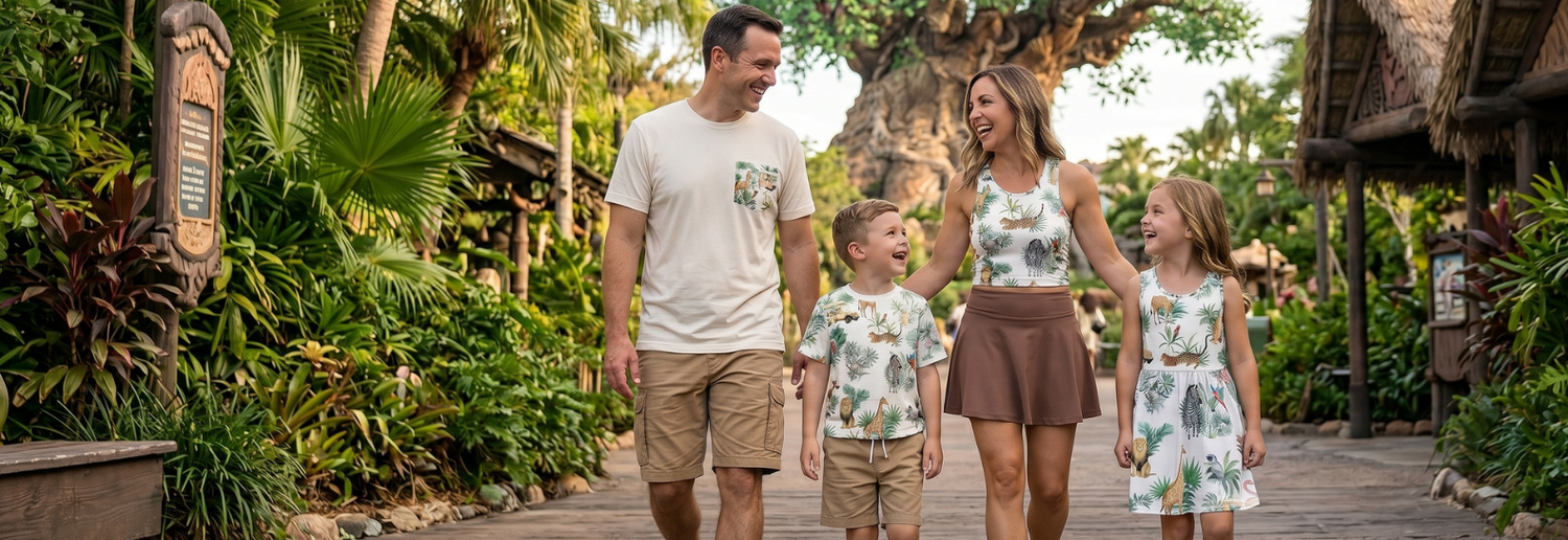 Nature-inspired print outfits for coordinated family looks at a theme park