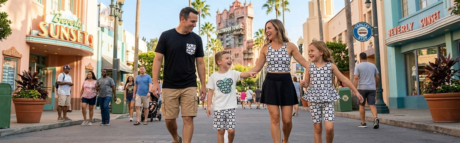 Family wearing Mouse Checks matching outfits with coordinated tees and sets