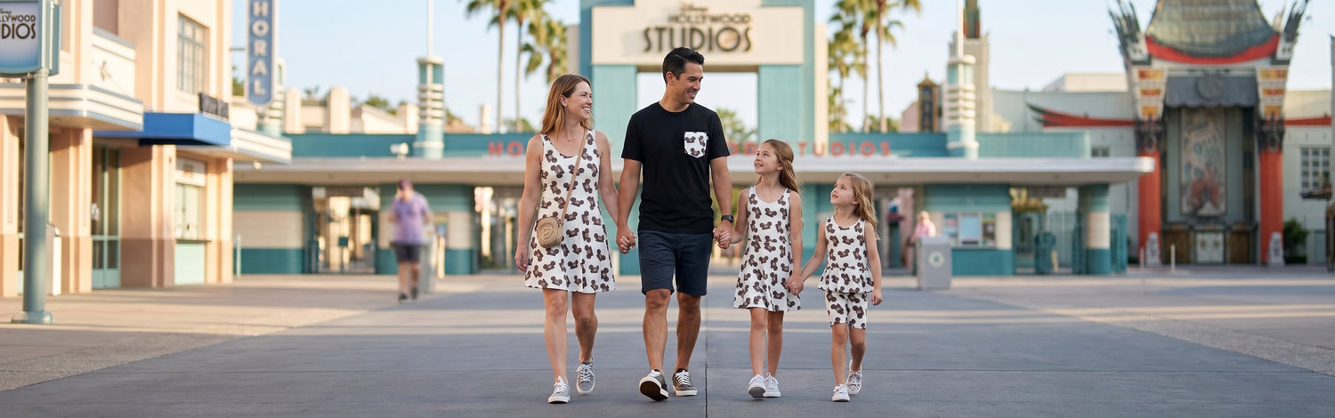 Matching family outfits inspired by vintage park nostalgia from the Magic Mouse Hat collection