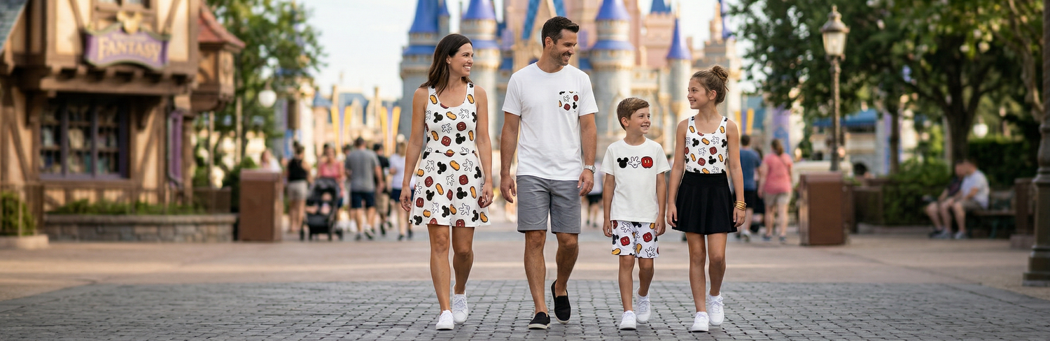 Iconic glove-inspired print outfits for coordinated family looks at a theme park