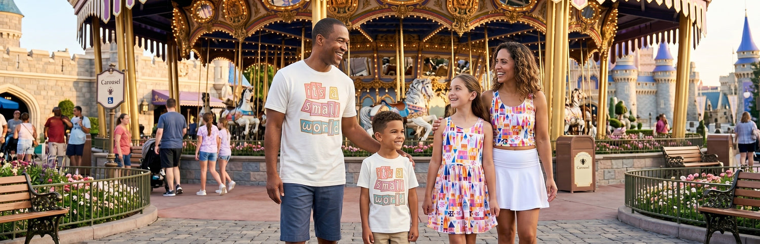 Matching family vacation outfits inspired by colorful travel and nostalgic park details from the Small World collection