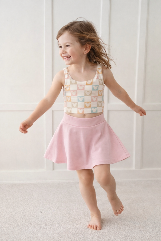 Girls Pastel Mouse Checkered Performance Seamless Tank + Skirt Set