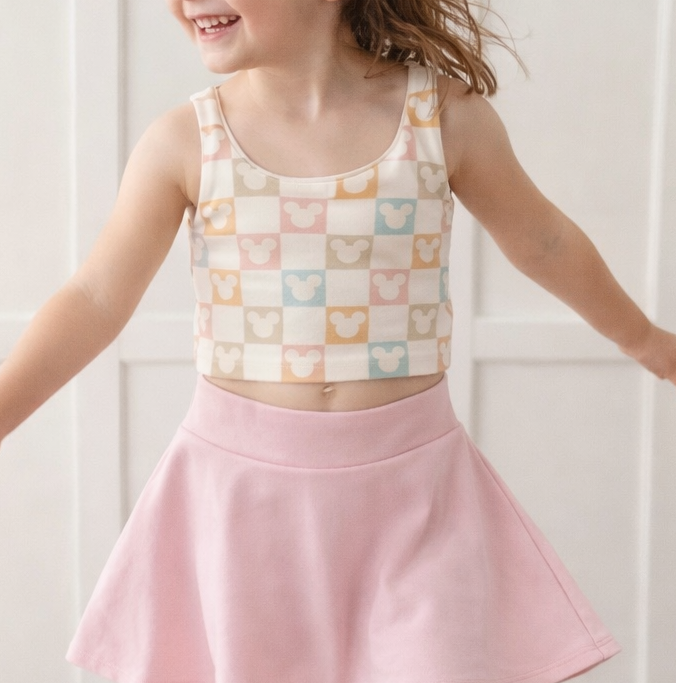 Girls Pastel Mouse Checkered Performance Seamless Tank + Skirt Set