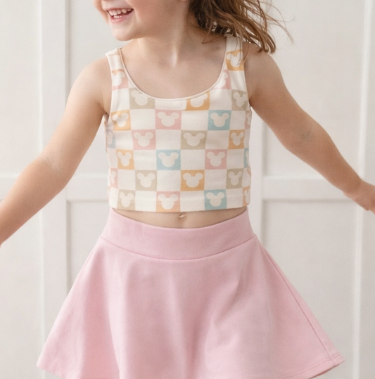 Girls Pastel Mouse Checkered Performance Seamless Tank + Skirt Set