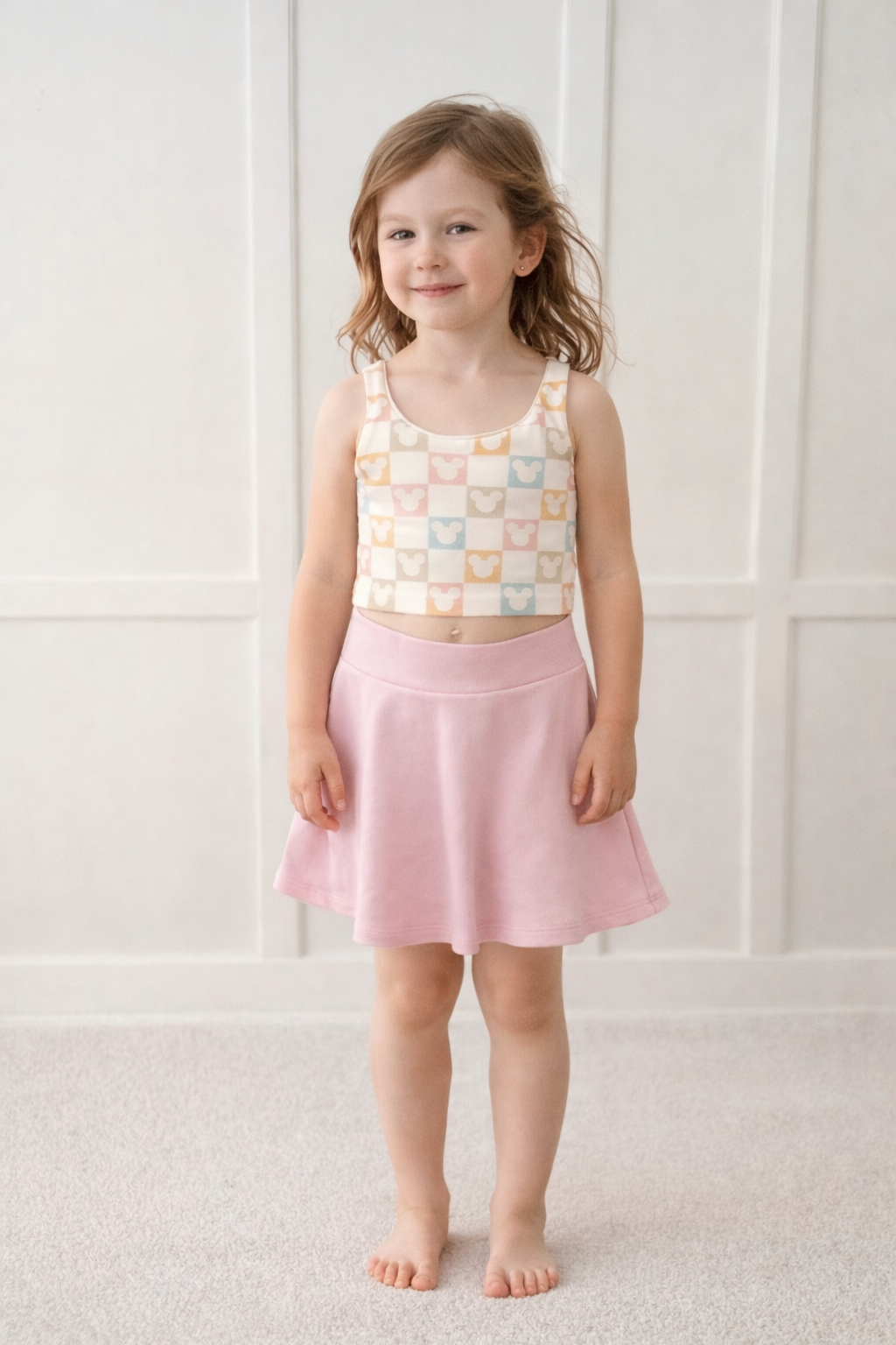 Girls Pastel Mouse Checkered Performance Seamless Tank + Skirt Set