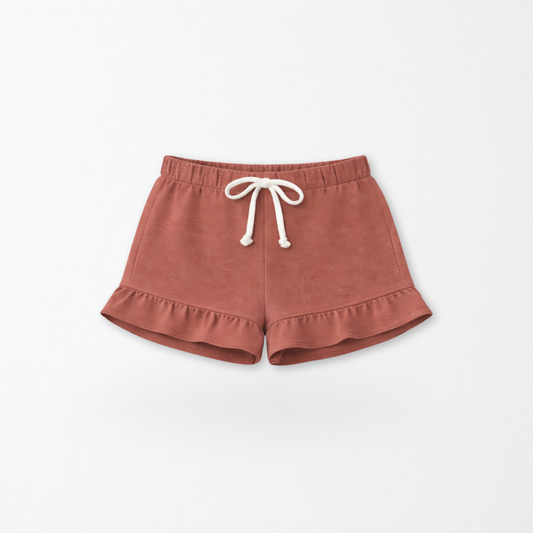 Kids Core Cotton Ruffle Shorts in Brick