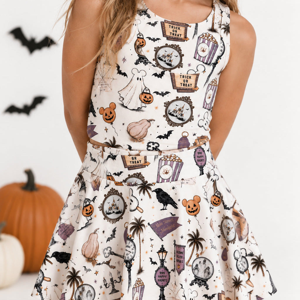 Happy Haunts girls Luxeflex performance skirt with built-in shorts and pocket