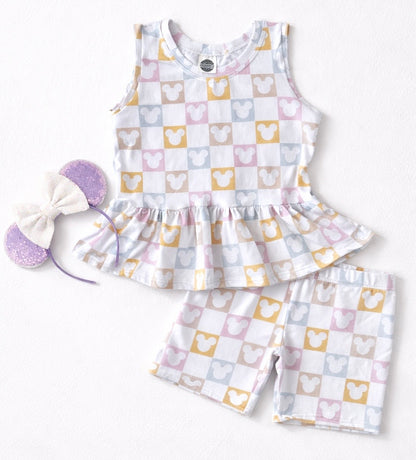 Kids Handcrafted Pastel Mouse Check Ruffle Top & Optional Bottoms