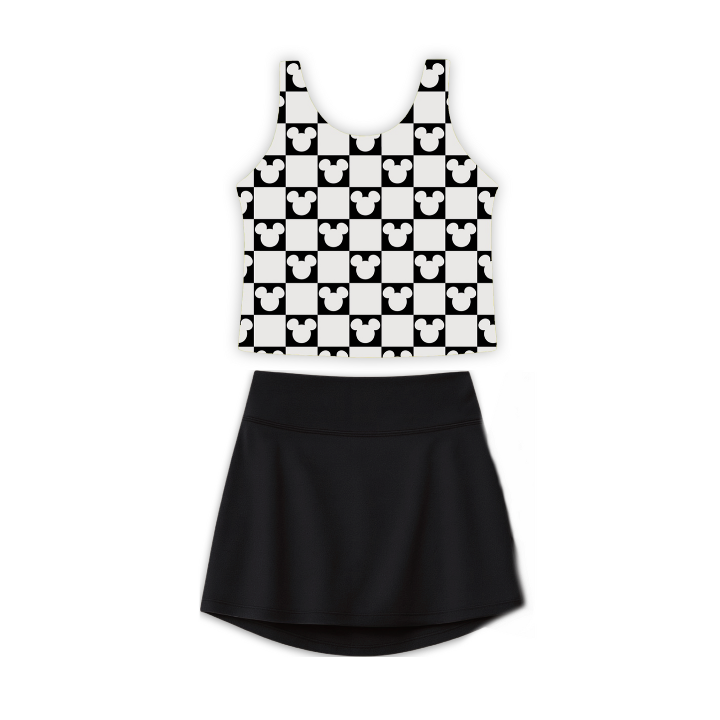 Girls Mouse Checkered Performance Seamless Tank + Skirt Set