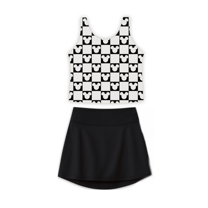 Girls Mouse Checkered Performance Seamless Tank + Skirt Set