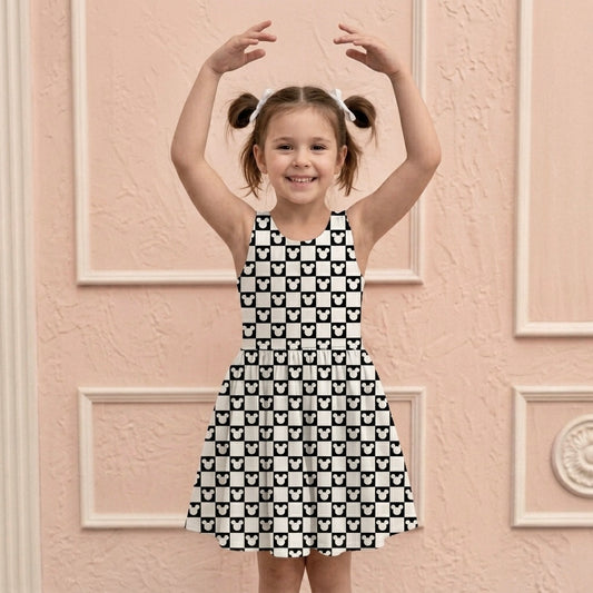 Kids Handcrafted Monochrome Mouse Checks Twirl Dress
