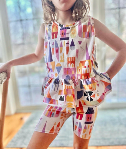 Kids Handcrafted Small World Ruffle Tank & Optional Bottoms