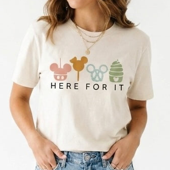 "Here for it" Theme Park Snacks Adult  Graphic Tee | Pastel Tones
