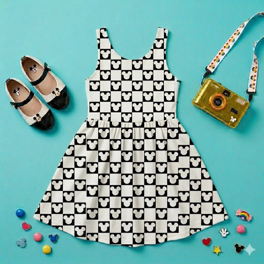 Kids Handcrafted Monochrome Mouse Checks Twirl Dress