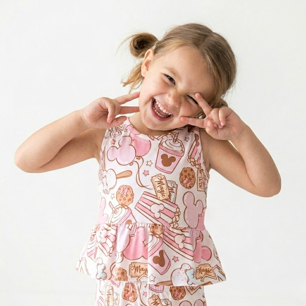 Kids Handcrafted Pink Park Treats Peplum Tank & Optional Bottoms